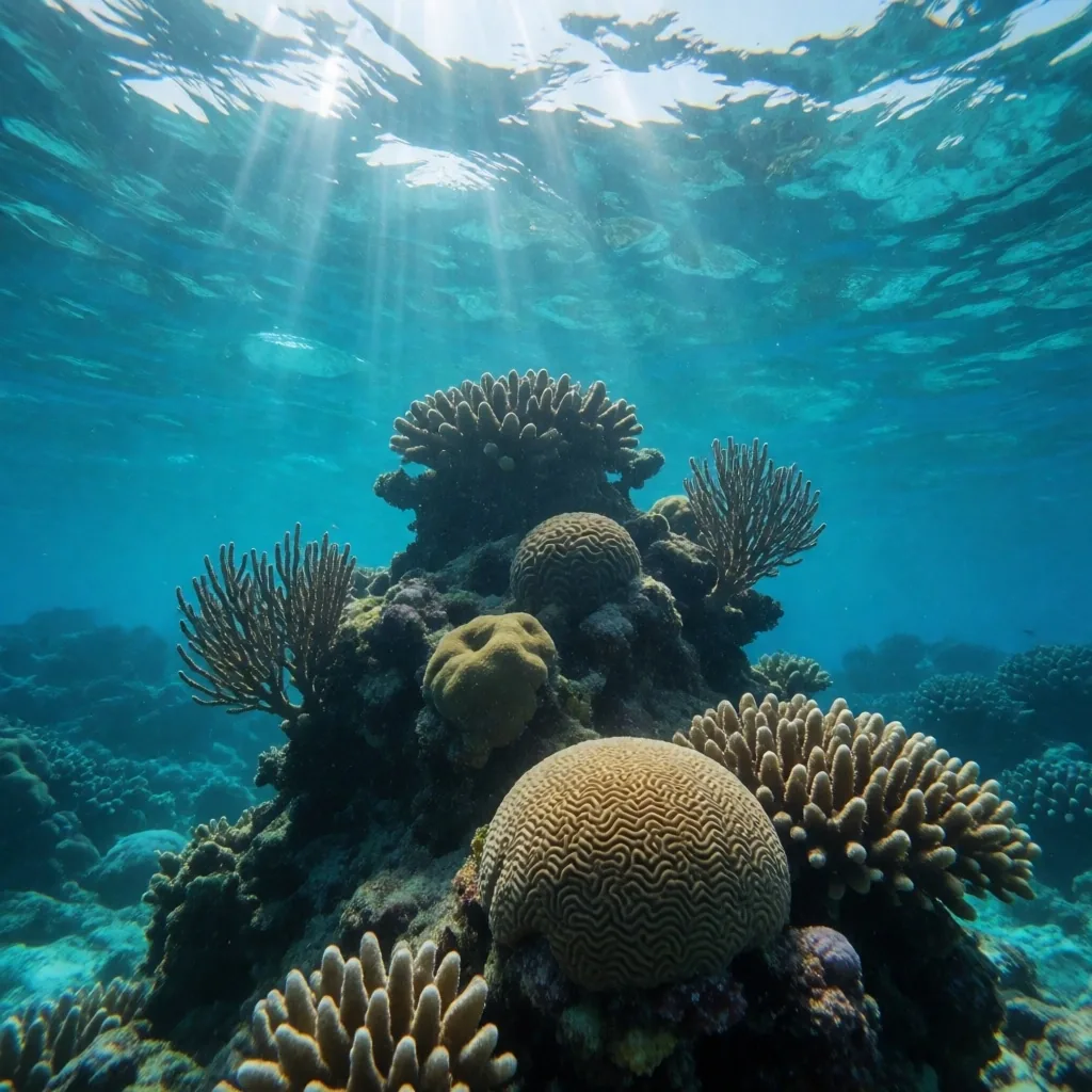 Coral reef drop-off with hard and soft corals in clear water