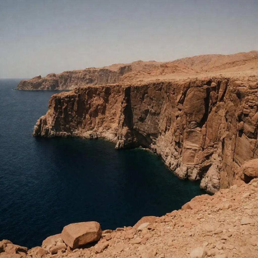 Granite mountains dropping directly into deep water along the Gulf of Aqaba