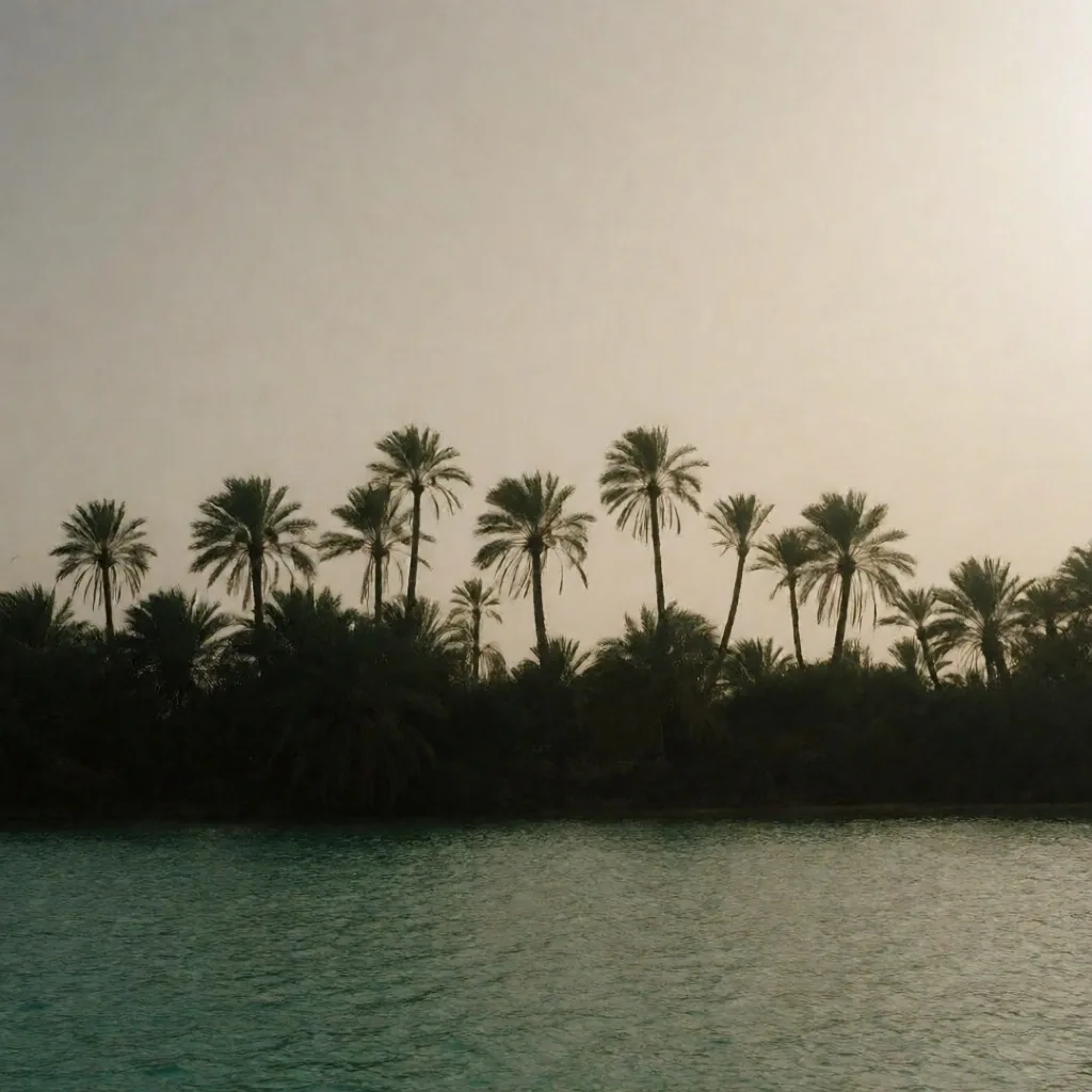 Palm trees silhouetted against a hazy sky above calm coastal water