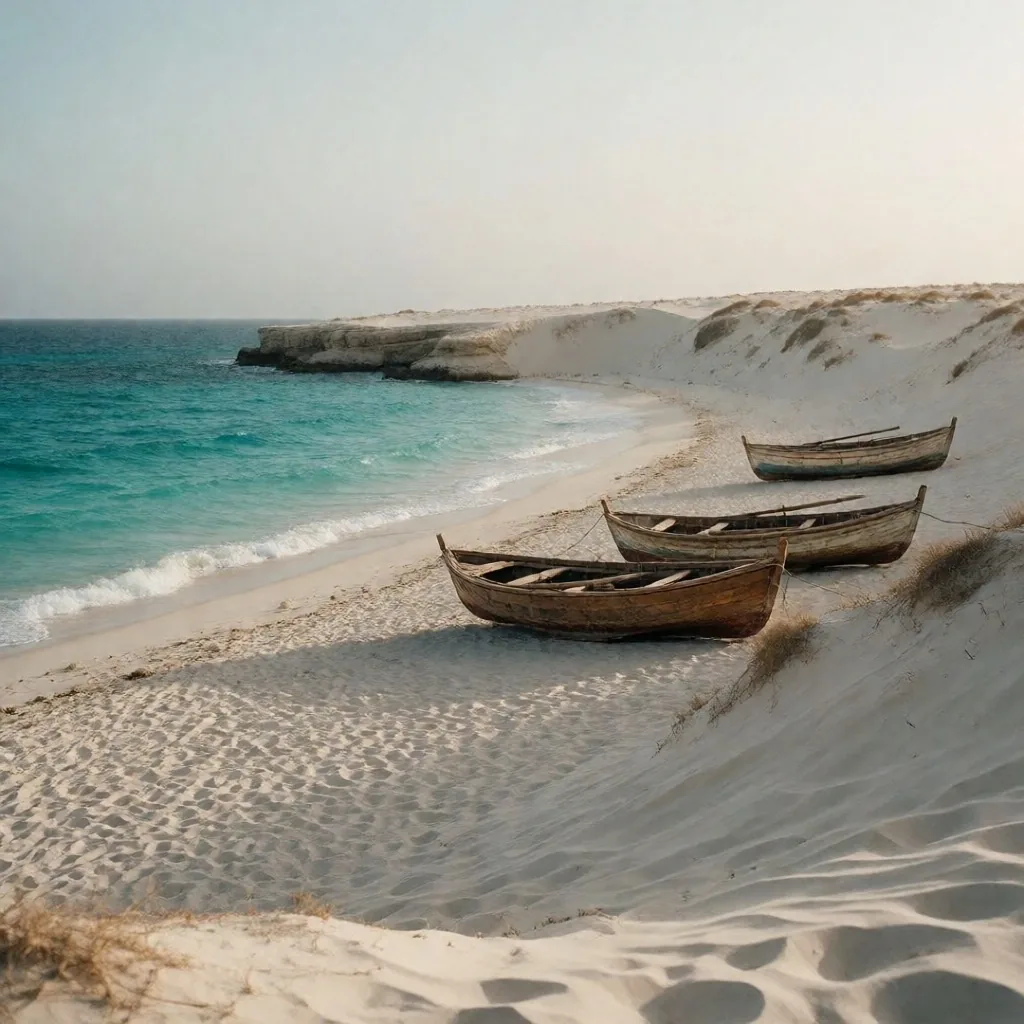 Quiet Mediterranean beach with pale sand and wooden fishing boats
