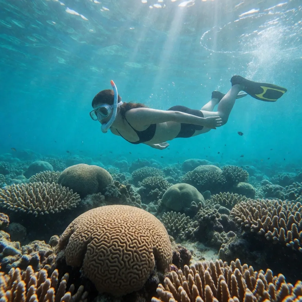 Snorkeler maintaining distance above a shallow coral reef