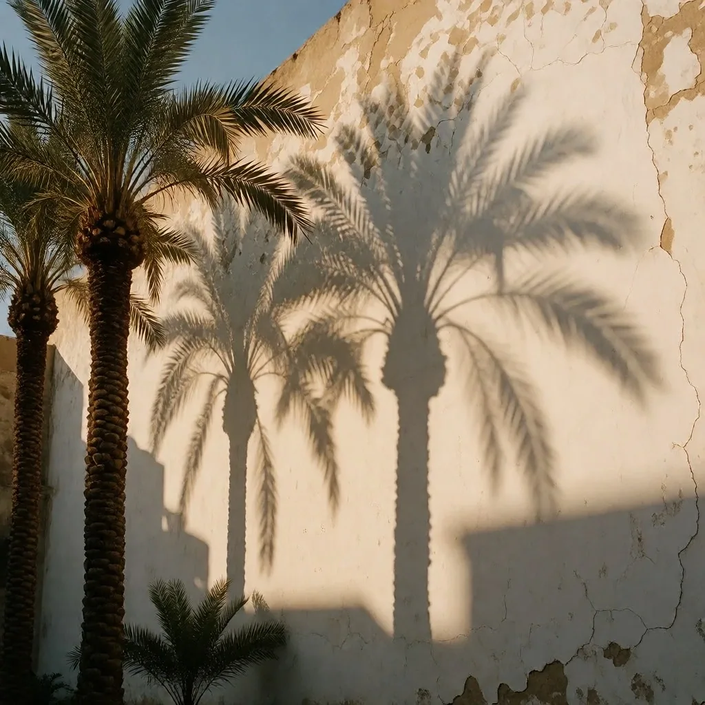 Palm tree shadows on a white wall in Cairo afternoon light