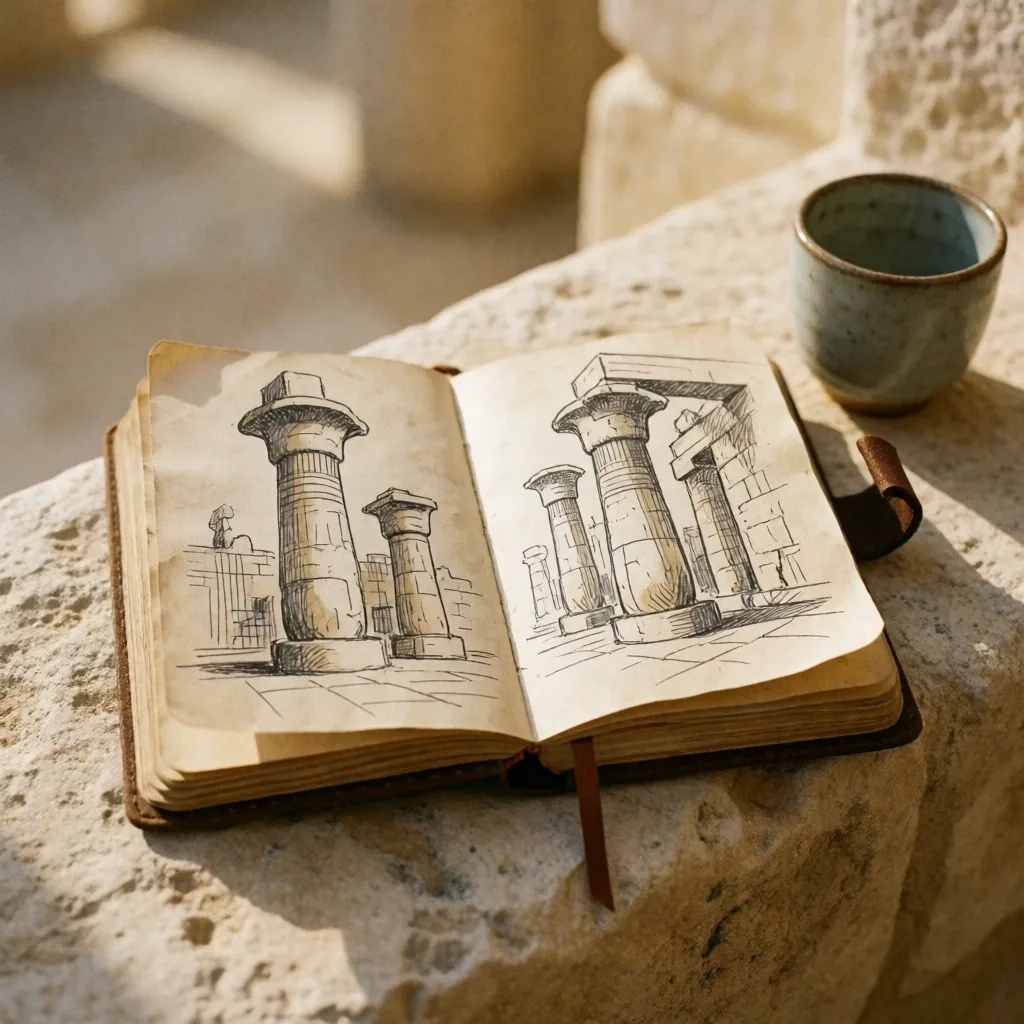 A field notebook on a stone ledge in afternoon light