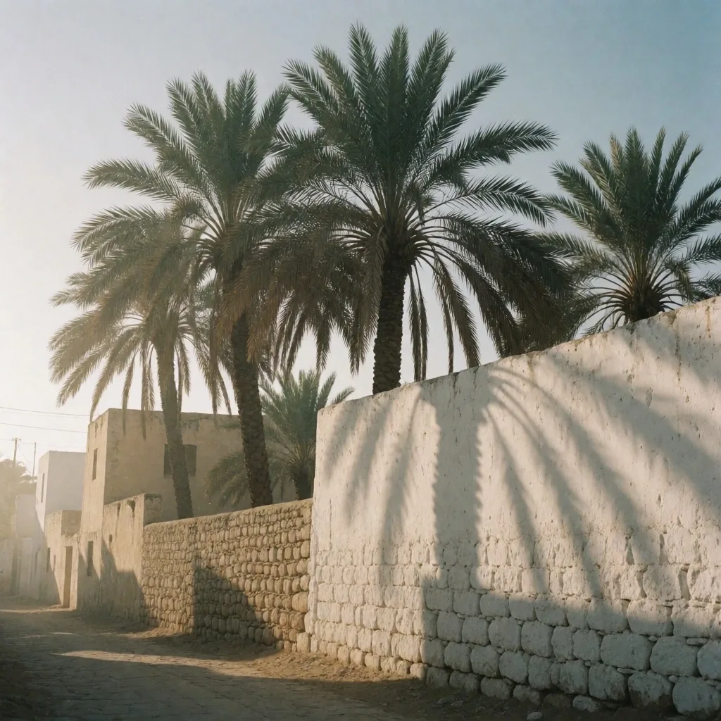 Palm shadows on a white wall under low afternoon sun