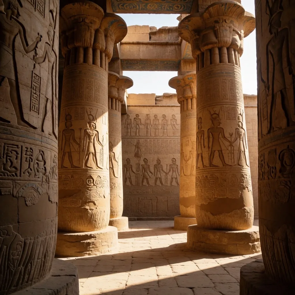 Hypostyle hall interior with carved columns at a southern Egyptian temple