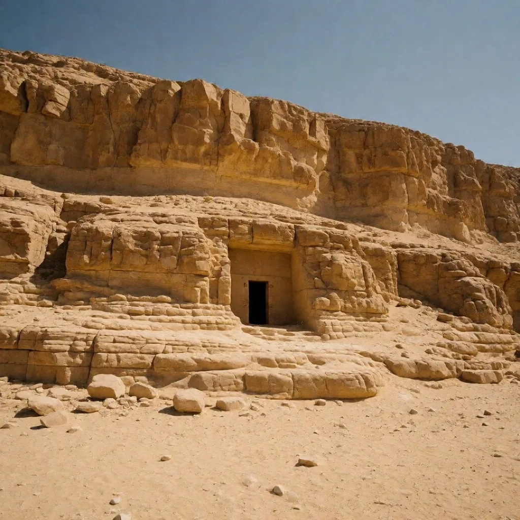 Limestone cliffs with a rock-cut tomb entrance on the Theban West Bank