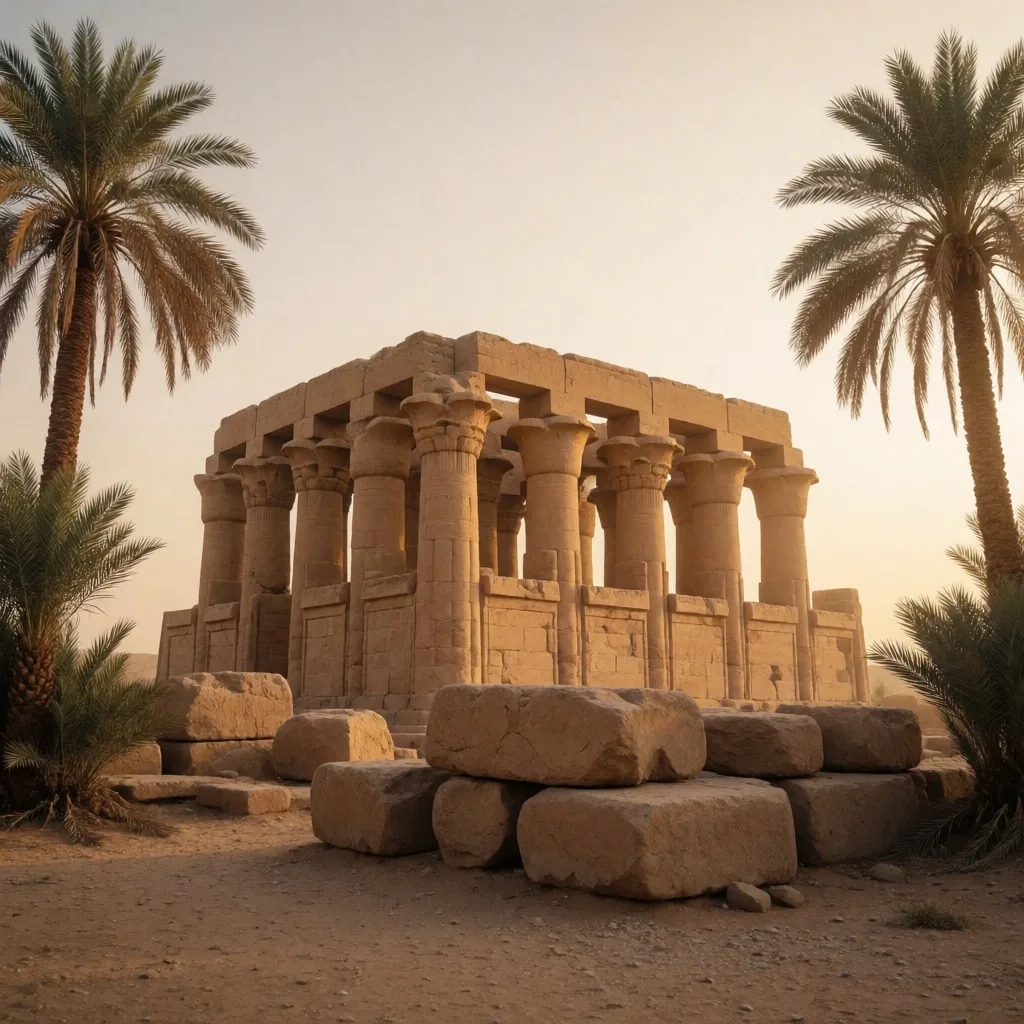 Palm trees and weathered stone at a heritage site in Upper Egypt