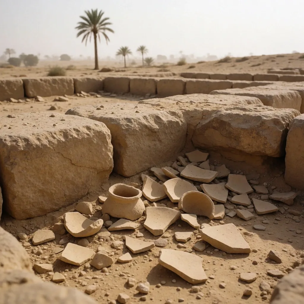Remote oasis ruins with crumbling mud-brick walls in the Egyptian desert