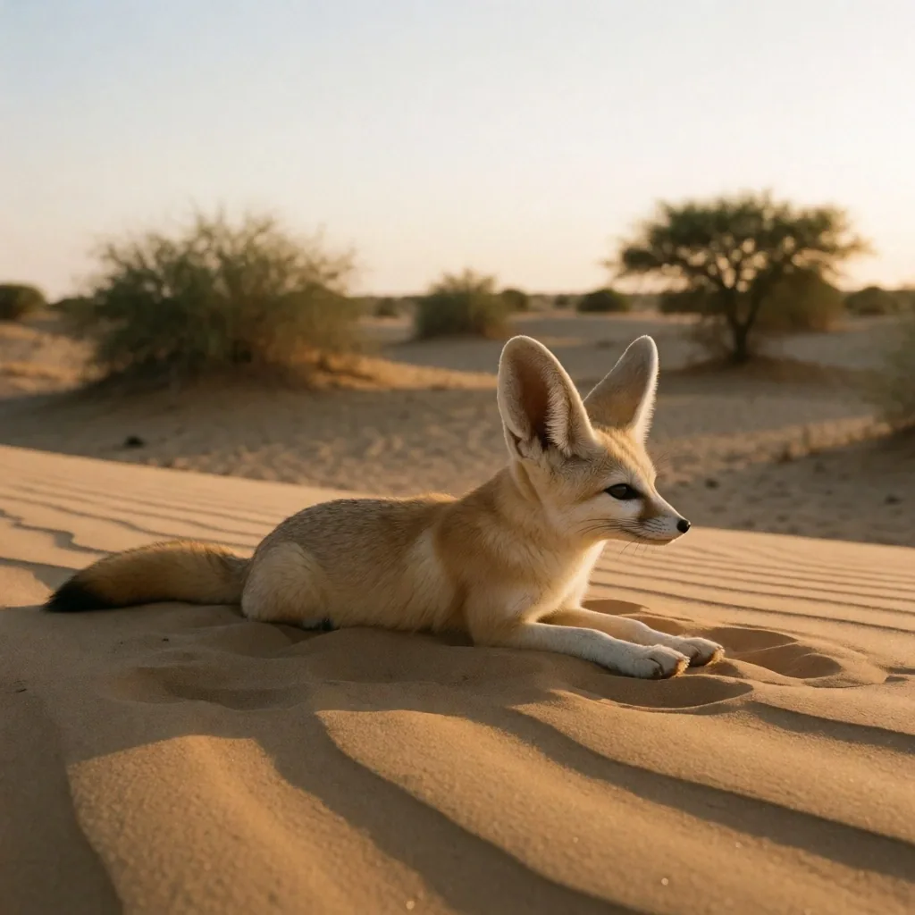 A fennec fox resting near an acacia bush at dusk