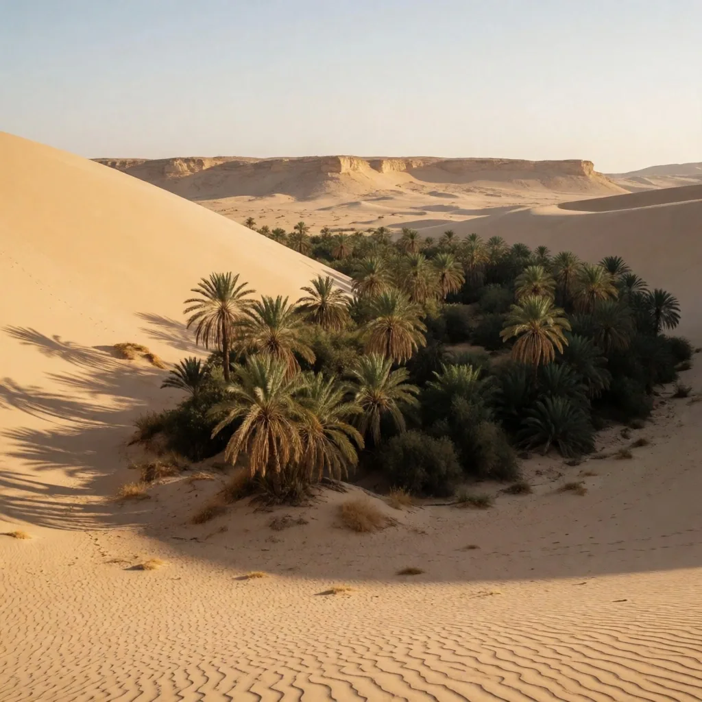 Date palm groves and desert dunes under a low afternoon sun