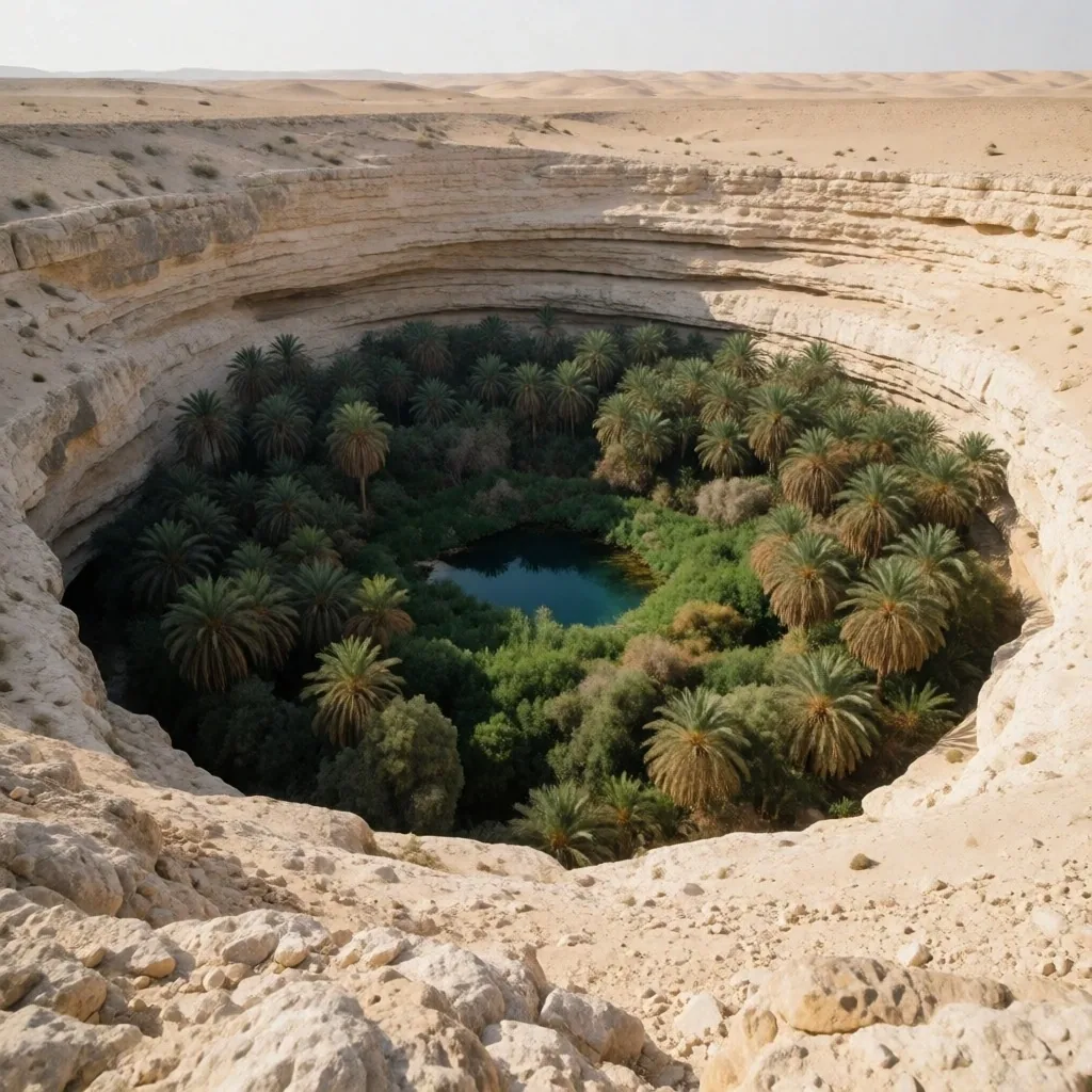 Palm groves clustered around springs in a Western Desert depression