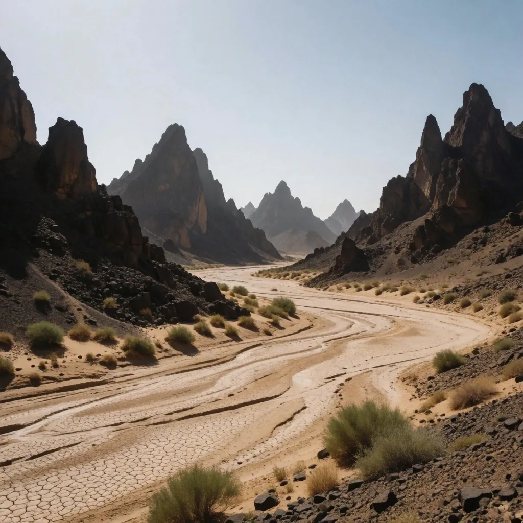 Volcanic mountains and a dried wadi in the Eastern Desert