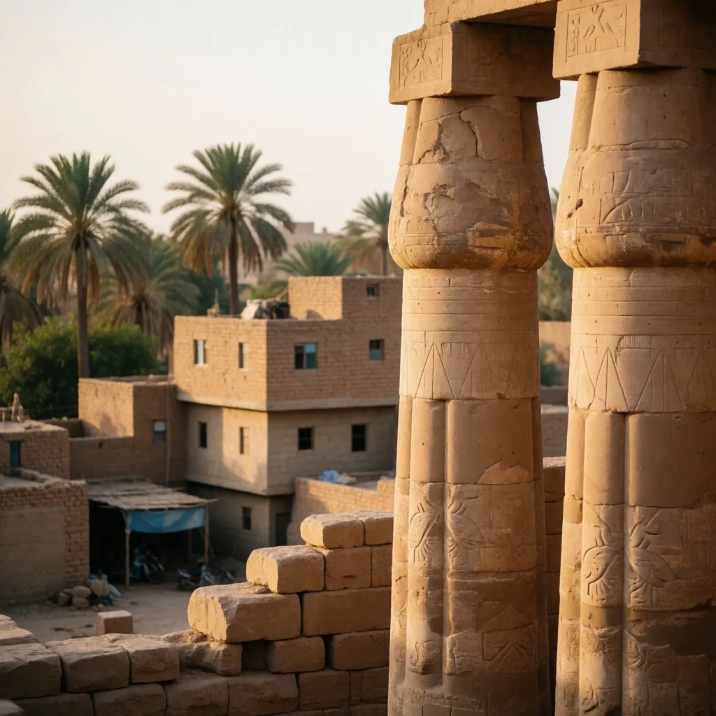 Ancient stone columns with a modern village in the background