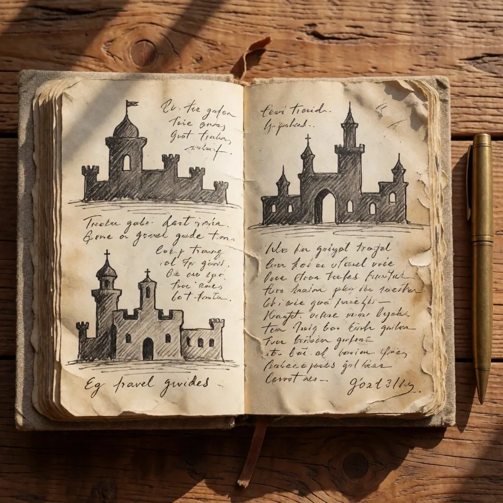 Field notebook with travel notes on a wooden surface