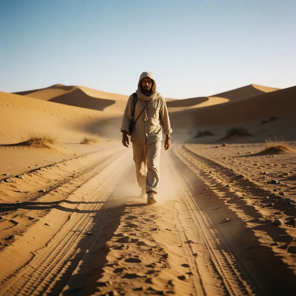 Solo traveller walking along a desert road
