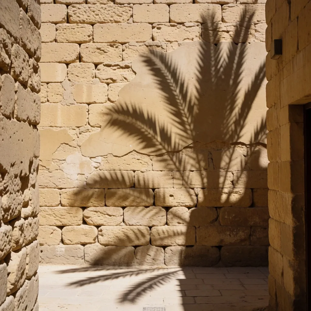 Stone wall with palm shadows in an Egyptian neighbourhood