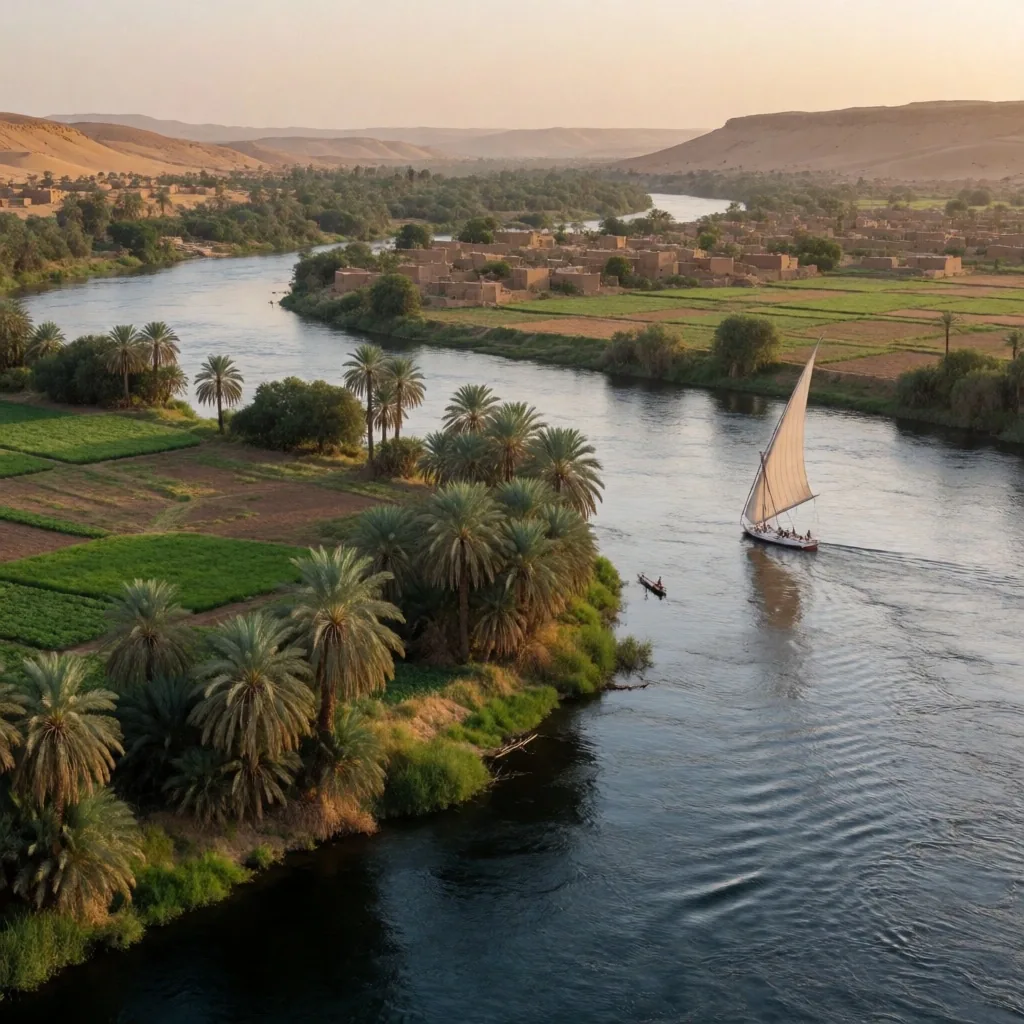 Nile river bend with palm groves and farmland