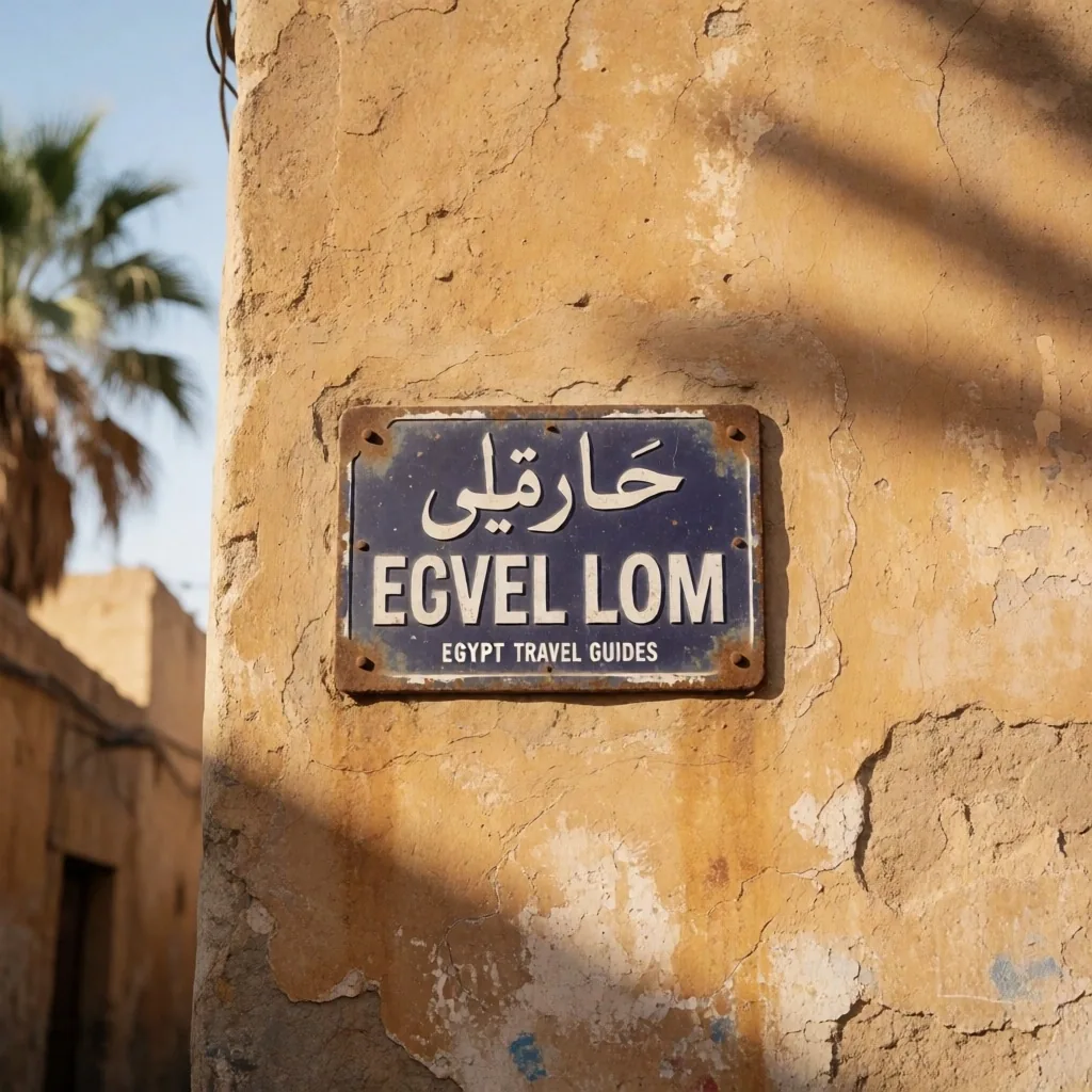 Bilingual Arabic and English street sign on a weathered wall