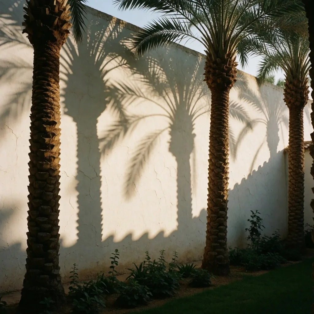 Palm trees casting long shadows on a white wall in afternoon light