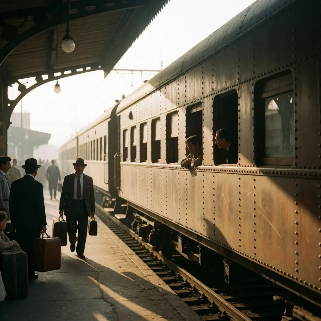 Railway station platform with a waiting train in afternoon light