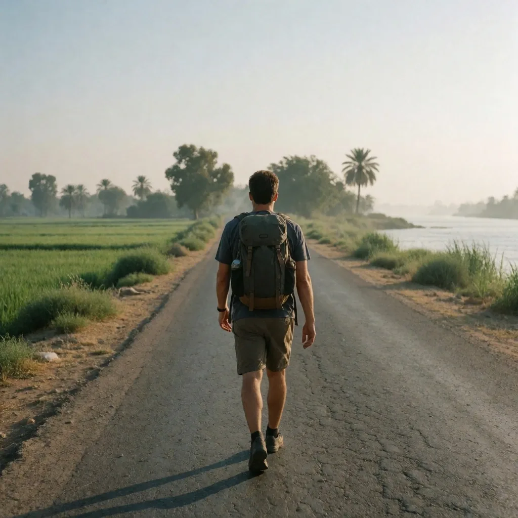 Solo traveller walking along a quiet road beside the Nile with green fields