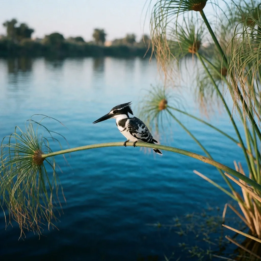 A grey heron wading in the Nile at dawn among reeds