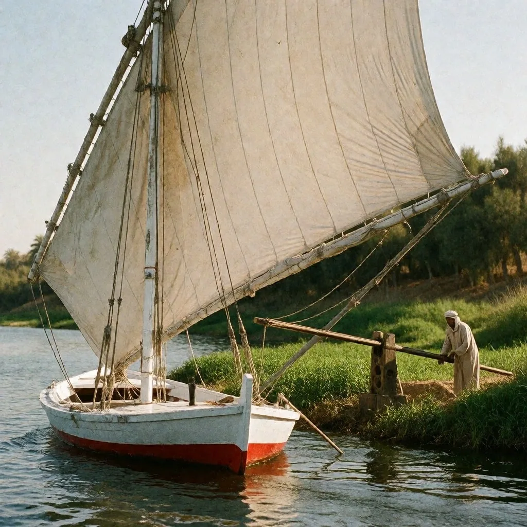 A felucca sailing on the Nile past date palms and reed beds