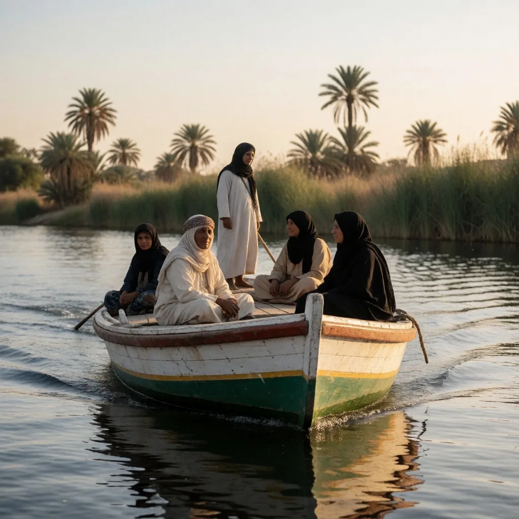 A small ferry carrying villagers across the Nile
