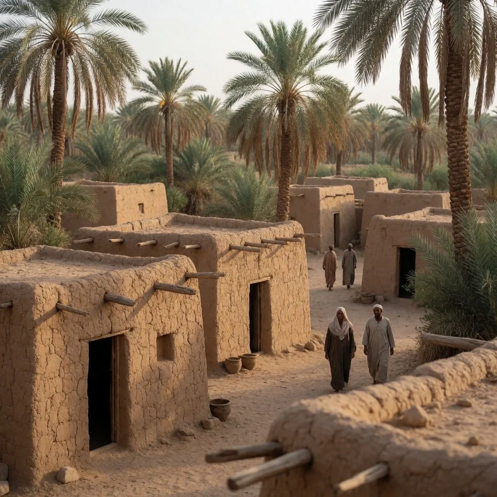 A mud-brick Nile village with a palm grove and footpath