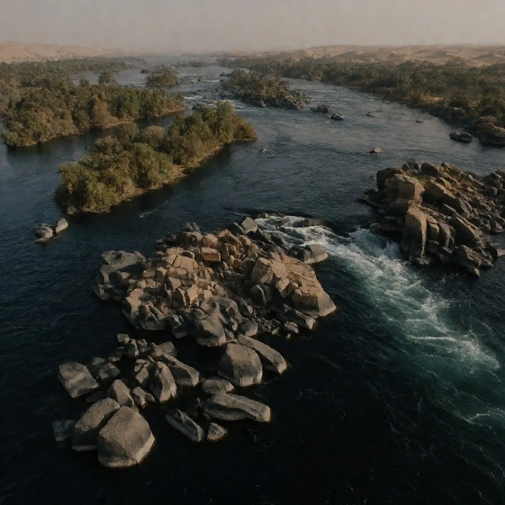 Granite islands and rocky channels of the First Cataract on the Nile