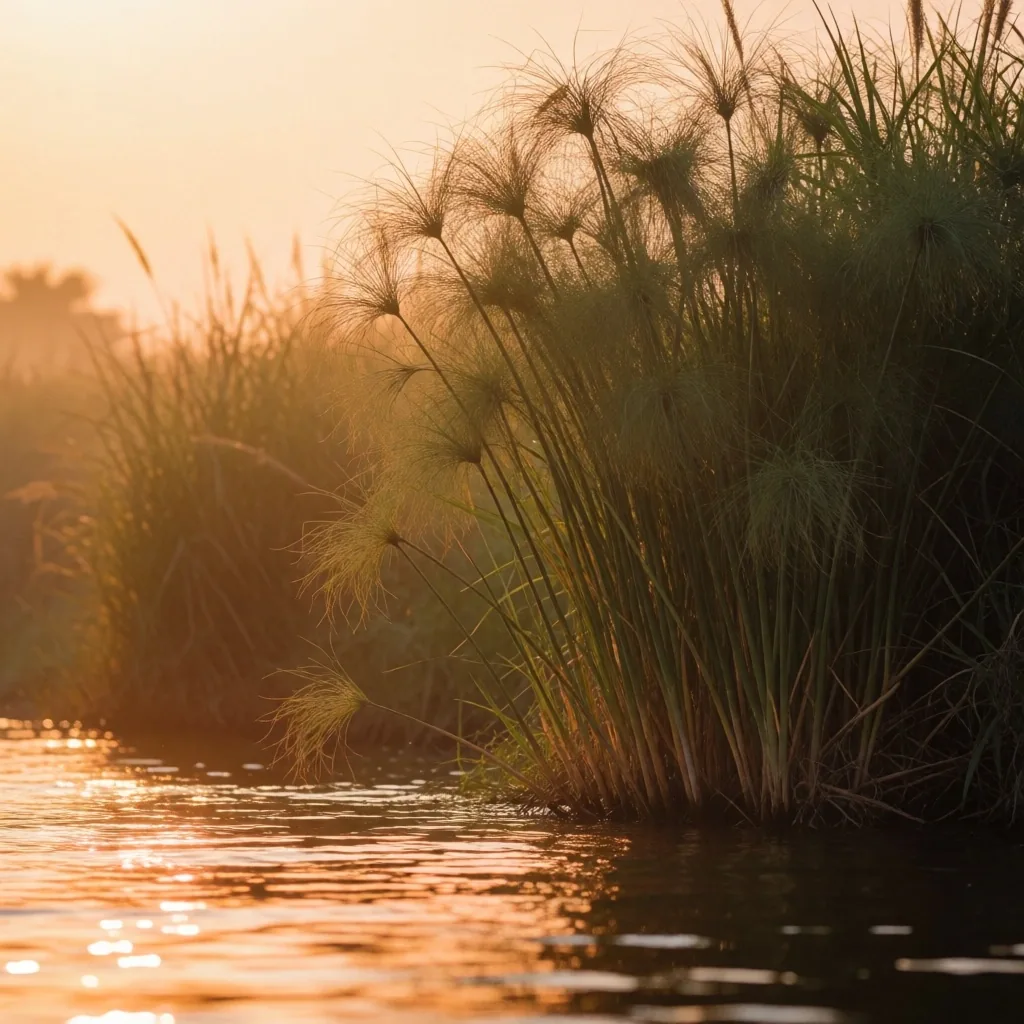 Sunset over the Nile with silhouetted palms and a distant felucca
