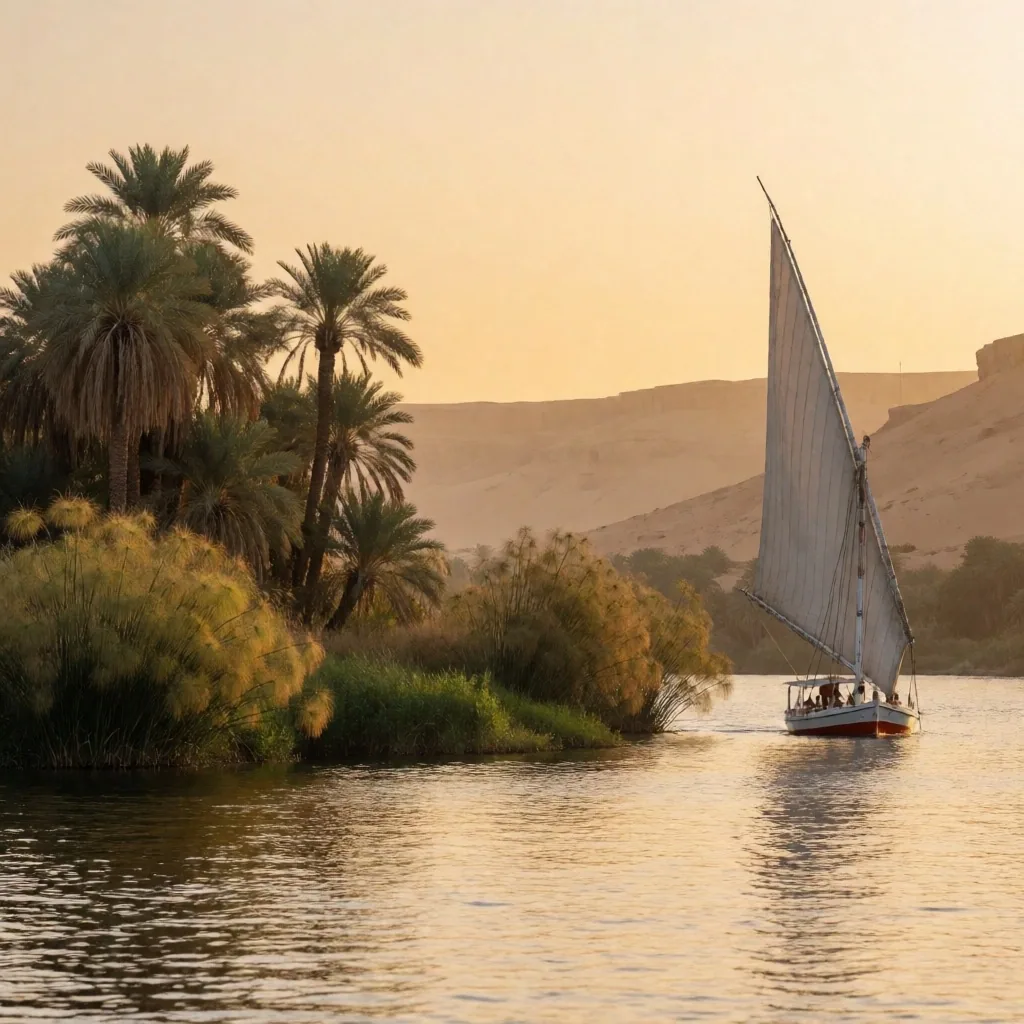 The Nile at golden hour with date palms and a felucca under a hazy sky