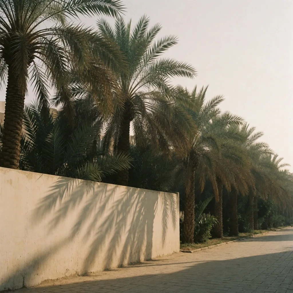 Palm shadows on a Zamalek wall in late afternoon light