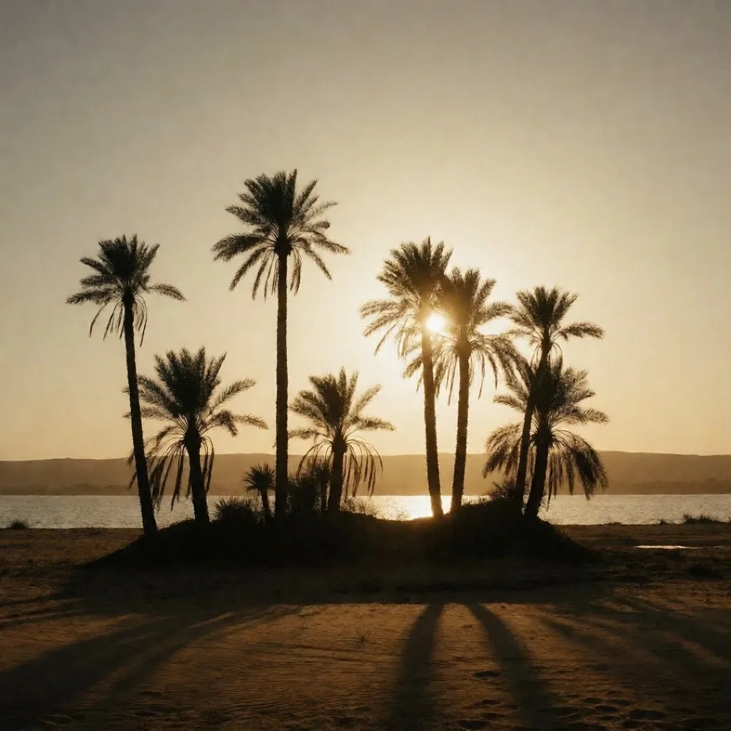 Date palms standing against a low sun on the Egyptian horizon