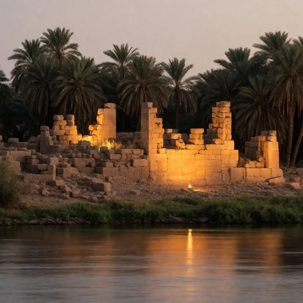 Golden light on stone columns beside the Nile in Upper Egypt
