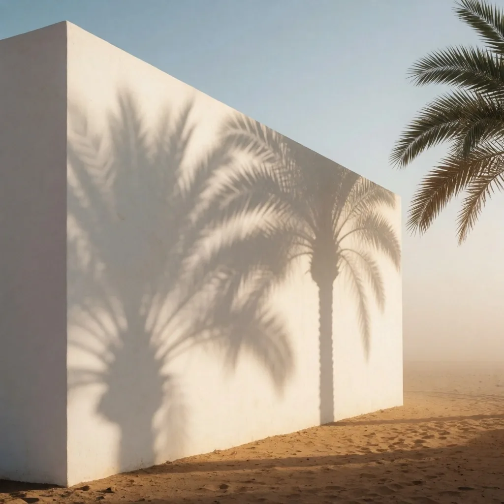 Palm tree shadows on a white wall in afternoon light