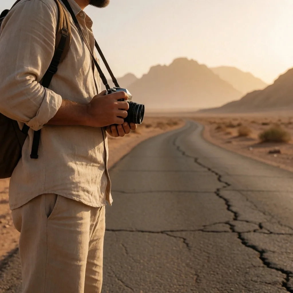 Traveller with a camera at a desert road
