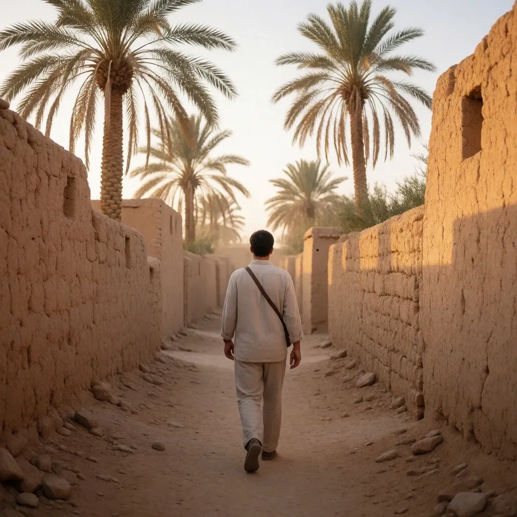 A traveller walking a quiet path between palms and a mud-brick wall