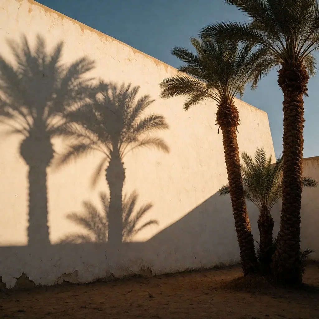 Palm trees casting long shadows on a sun-warmed wall in Egypt